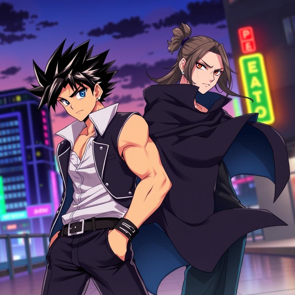 A dynamic illustration of two characters inspired by anime style, showcasing Todo with short, spiky hair and a confident expression, dressed in a stylish, modern outfit