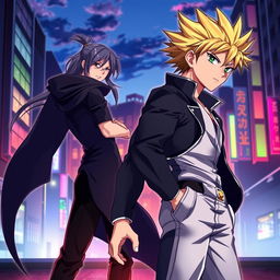 A dynamic illustration of two characters inspired by anime style, showcasing Todo with short, spiky hair and a confident expression, dressed in a stylish, modern outfit