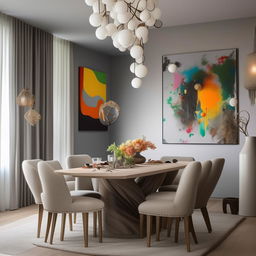 Envision a 7.50m x 4.00m home living room reception, adorned with modern, warm, and cozy grey and off-white furniture. An elegant dining table takes center stage, while large, crazy paintings punctuate the space. The room has one window and is bordered by three walls.