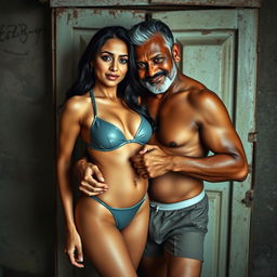 A full-length intimate couple photoshoot featuring a 24-year-old attractive Arab woman in a shiny latex bikini, moaning softly as she gazes directly at the camera with a seductive expression