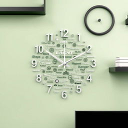 A stylish wall clock featuring a light green background