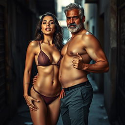 A full-length intimate couple photoshoot featuring a 24-year-old attractive Arab woman in a transparent bikini, moaning softly as she gazes directly at the camera with a sultry expression