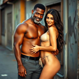A full-length intimate couple photoshoot featuring a 24-year-old attractive Arab woman in a see-through bikini, looking captivatingly at the camera with an alluring smile