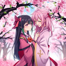 A playful and intimate scene featuring Mitsuri Kanroji, the Love Hashira from Demon Slayer, and Nezuko Kamado in a fantasy anime setting