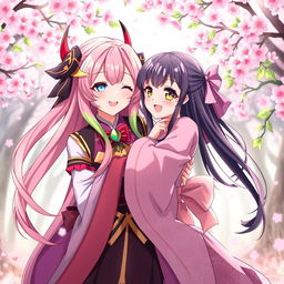 A playful and intimate scene featuring Mitsuri Kanroji, the Love Hashira from Demon Slayer, and Nezuko Kamado in a fantasy anime setting