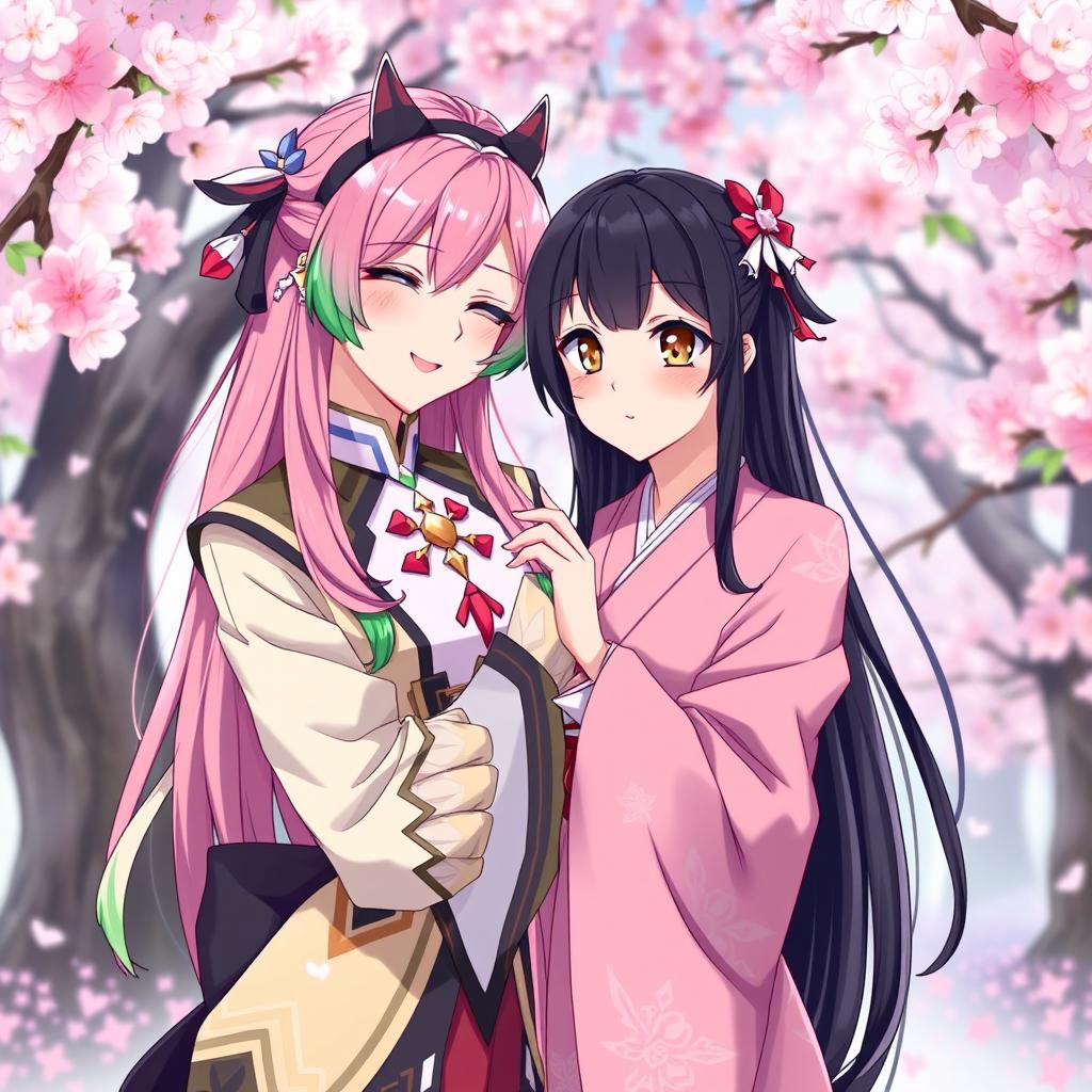 A playful and intimate scene featuring Mitsuri Kanroji, the Love Hashira from Demon Slayer, and Nezuko Kamado in a fantasy anime setting