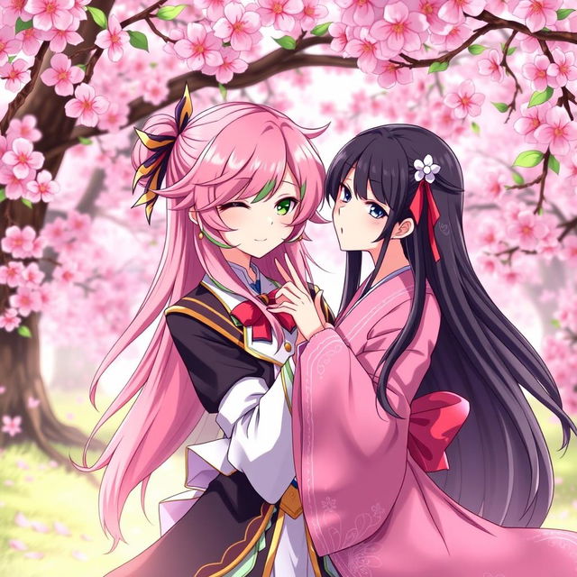 A playful and intimate scene featuring Mitsuri Kanroji, the Love Hashira from Demon Slayer, and Nezuko Kamado in a fantasy anime setting