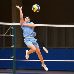 A volleyball player wearing a light blue jersey and shorts, leaping into the air as if about to fly