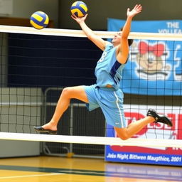 A volleyball player wearing a light blue jersey and shorts, leaping into the air as if about to fly