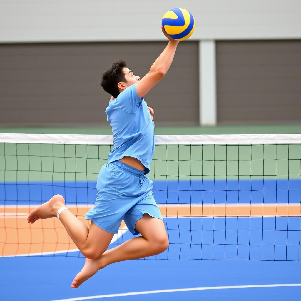 A volleyball player wearing a light blue jersey and shorts, leaping into the air as if about to fly