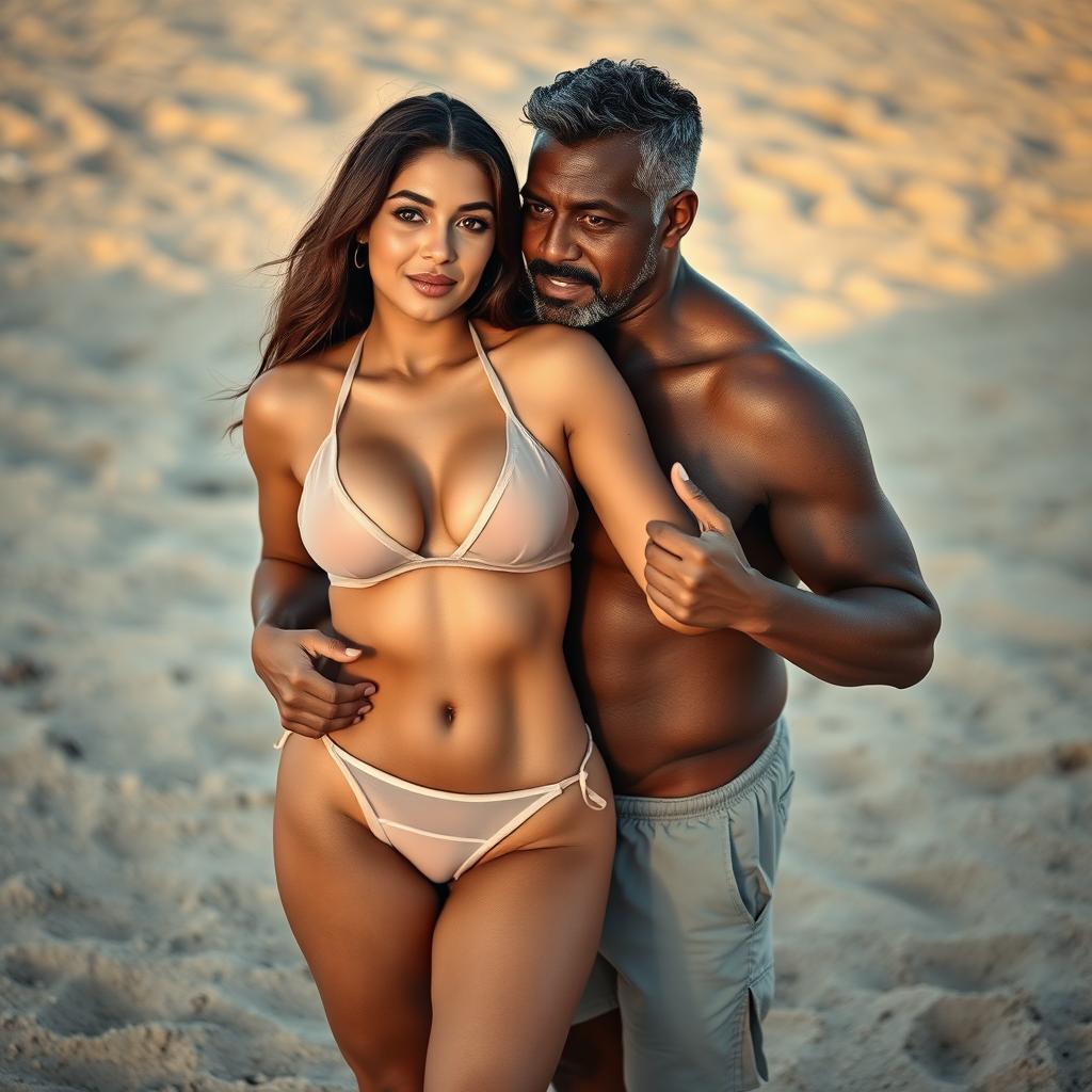 A full-length intimate couple photoshoot featuring a 24-year-old attractive Arab woman with sexy curves, wearing transparent swimwear that accentuates her figure, including her hot navel