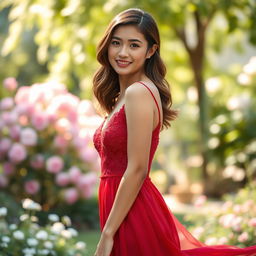 A beautiful 24-year-old woman wearing an elegant, flowing red dress