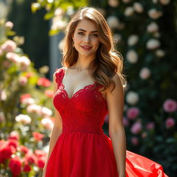A beautiful 24-year-old woman wearing an elegant, flowing red dress