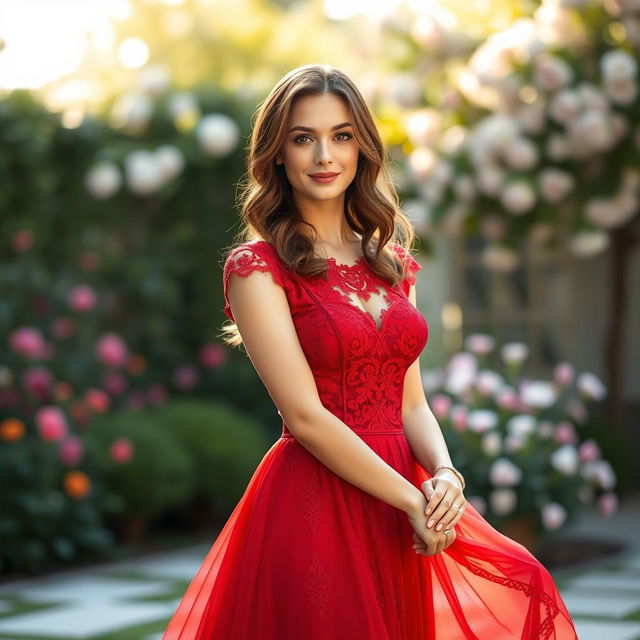 A beautiful 24-year-old woman wearing an elegant, flowing red dress