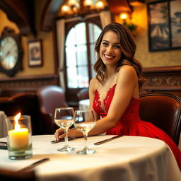 A beautiful 24-year-old woman wearing an elegant, flowing red dress, sitting at a cozy trattoria dinner table