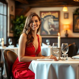 A beautiful 24-year-old woman wearing an elegant, flowing red dress, sitting at a cozy trattoria dinner table