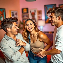Three young men interacting playfully with a confident young woman, who is smiling and enjoying the moment