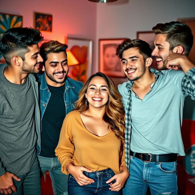 Three young men interacting playfully with a confident young woman, who is smiling and enjoying the moment