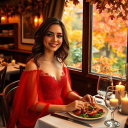 A stunning 24-year-old woman wearing an elegant, flowing red dress, enjoying a cozy dinner at a trattoria during autumn