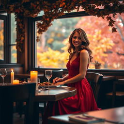 A stunning 24-year-old woman wearing an elegant, flowing red dress, enjoying a cozy dinner at a trattoria during autumn