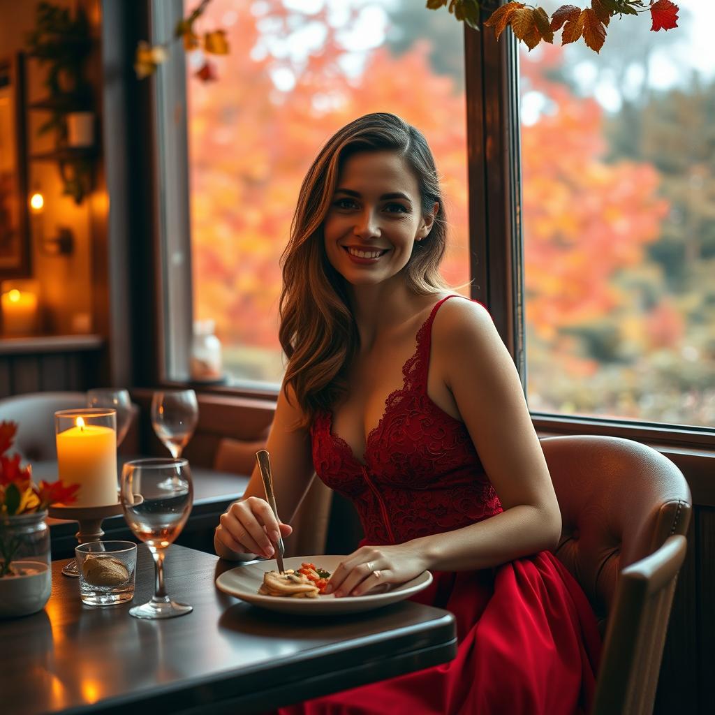 A stunning 24-year-old woman wearing an elegant, flowing red dress, enjoying a cozy dinner at a trattoria during autumn