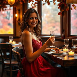 A stunning 24-year-old woman wearing an elegant, flowing red dress, enjoying a cozy dinner at a trattoria during autumn