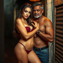 A full-length intimate couple photoshoot featuring a 22-year-old attractive Arab woman with sexy curves, wearing a microkini that highlights her enticing figure, including her sexy boobs and hot navel