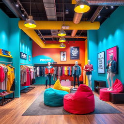 A lively and inviting decor for a teenage clothing store featuring the Profet brand
