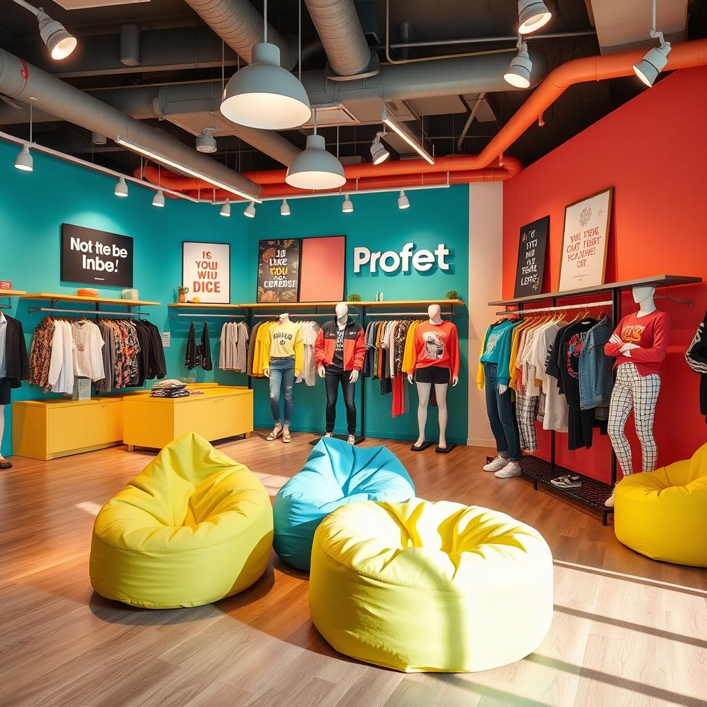 A lively and inviting decor for a teenage clothing store featuring the Profet brand