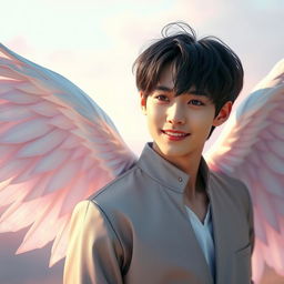 A stunning portrayal of a young man, Park Jimin, depicted with magnificent, ethereal wings