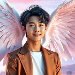 A stunning portrayal of a young man, Park Jimin, depicted with magnificent, ethereal wings