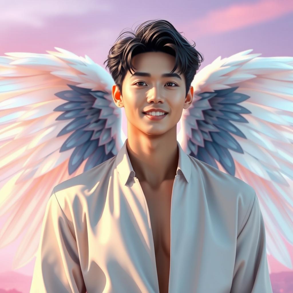 A stunning portrayal of a young man, Park Jimin, depicted with magnificent, ethereal wings