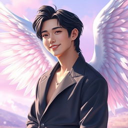 A stunning portrayal of a young man, Park Jimin, depicted with magnificent, ethereal wings