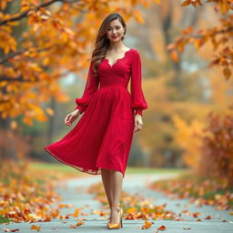 A stylish 24-year-old woman dressed in an elegant autumn-themed red dress and fashionable high heels