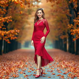 A stylish 24-year-old woman dressed in an elegant autumn-themed red dress and fashionable high heels