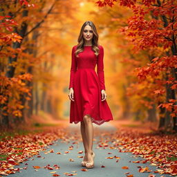 A stylish 24-year-old woman dressed in an elegant autumn-themed red dress and fashionable high heels