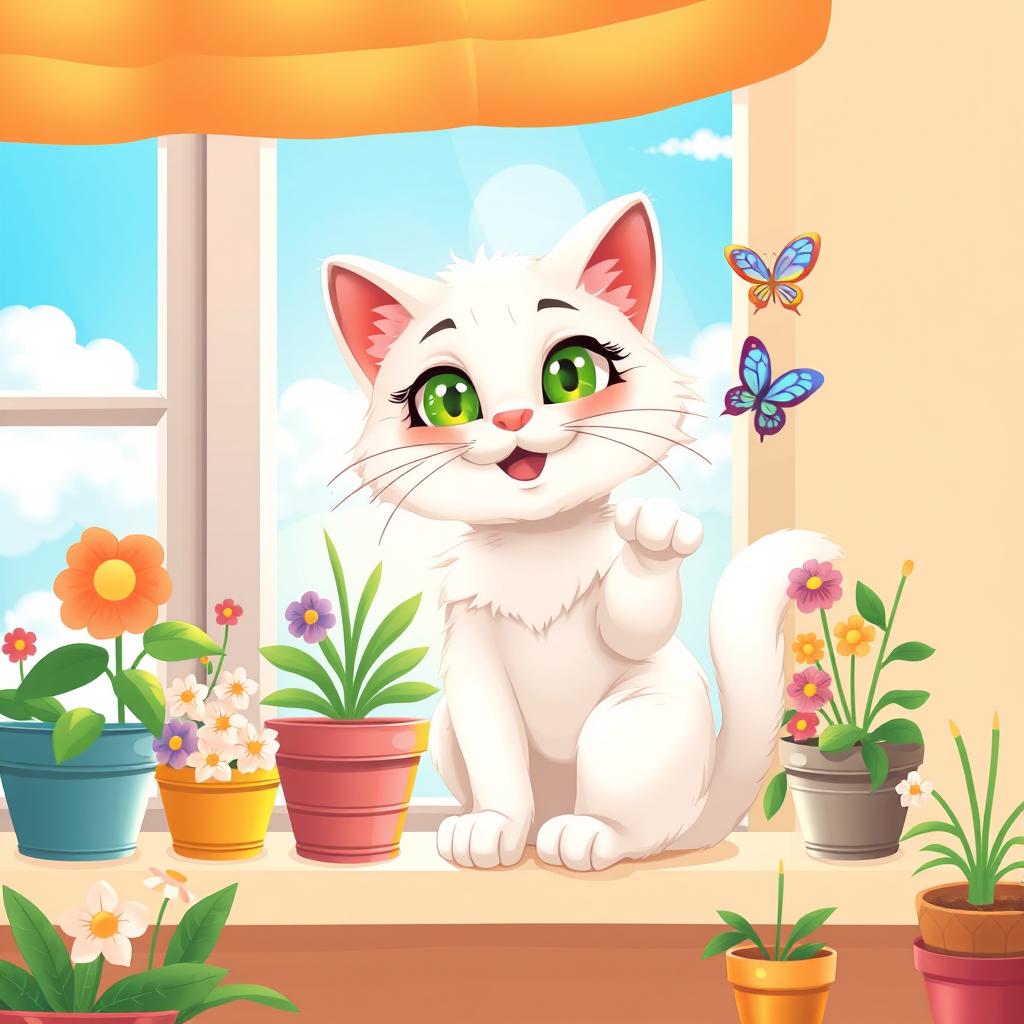 A whimsical illustration of a playful cat, with bright green eyes, fluffy white fur, and a cheerful expression