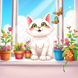 A whimsical illustration of a playful cat, with bright green eyes, fluffy white fur, and a cheerful expression
