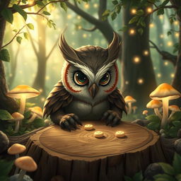 A whimsical owl-human hybrid character, featuring owl-like facial features and large, expressive eyes, engrossed in a game of crokinole on a rustic wooden board