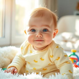 A cute baby with big, sparkling blue eyes and soft, chubby cheeks, sitting on a fluffy white blanket