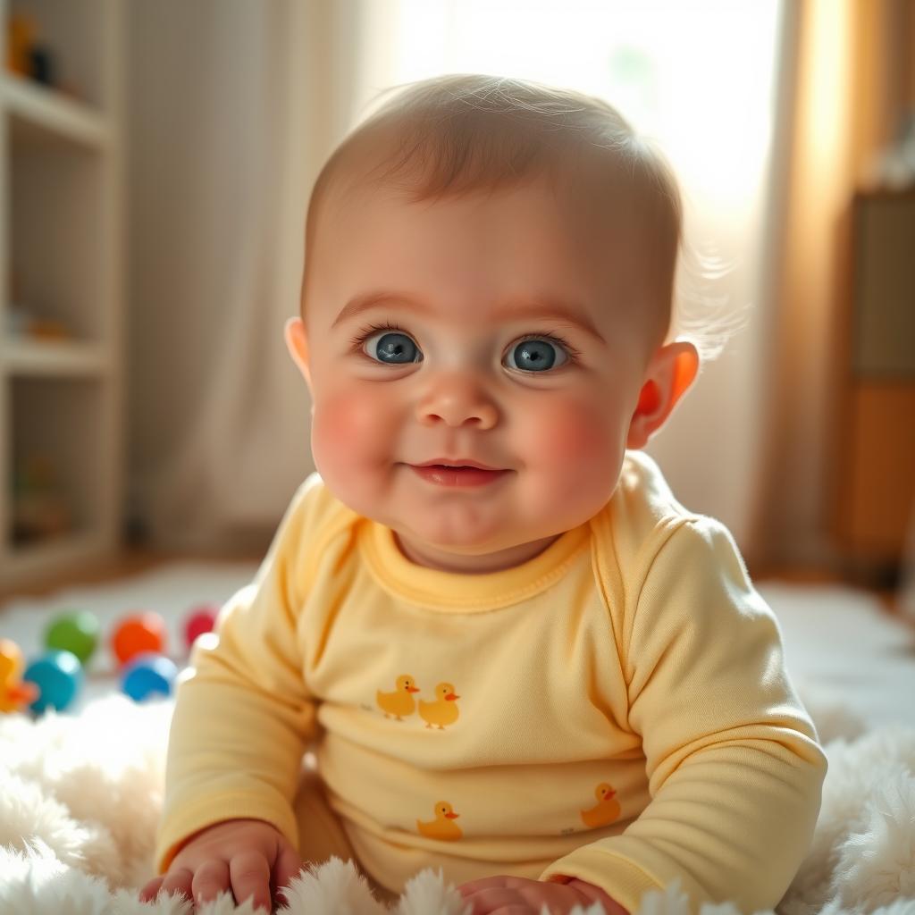 A cute baby with big, sparkling blue eyes and soft, chubby cheeks, sitting on a fluffy white blanket
