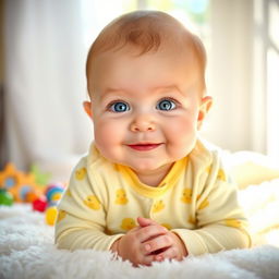 A cute baby with big, sparkling blue eyes and soft, chubby cheeks, sitting on a fluffy white blanket