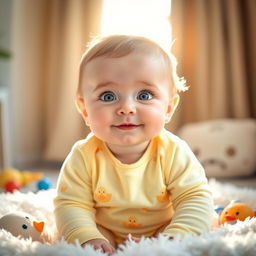 A cute baby with big, sparkling blue eyes and soft, chubby cheeks, sitting on a fluffy white blanket