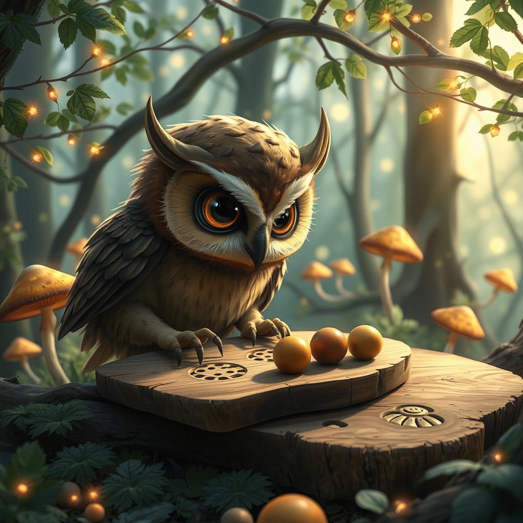 A whimsical owl-human hybrid character, featuring owl-like facial features and large, expressive eyes, engrossed in a game of crokinole on a rustic wooden board