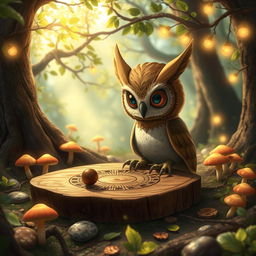 A whimsical owl-human hybrid character, featuring owl-like facial features and large, expressive eyes, engrossed in a game of crokinole on a rustic wooden board
