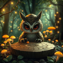 A whimsical owl-human hybrid character, featuring owl-like facial features and large, expressive eyes, engrossed in a game of crokinole on a rustic wooden board