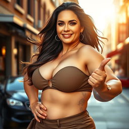 A confident 45-year-old woman with an alluring presence, showcasing her very voluptuous figure with an emphasis on her large breasts