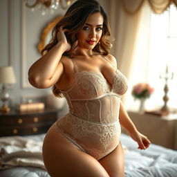 A beautiful woman showcasing her full-figured physique in exquisite lingerie made from delicate lace and satin, highlighting her curves in an alluring and tasteful way