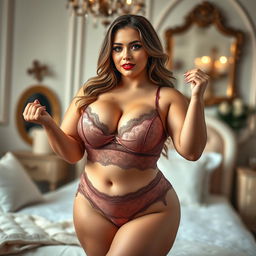 A beautiful woman showcasing her full-figured physique in exquisite lingerie made from delicate lace and satin, highlighting her curves in an alluring and tasteful way