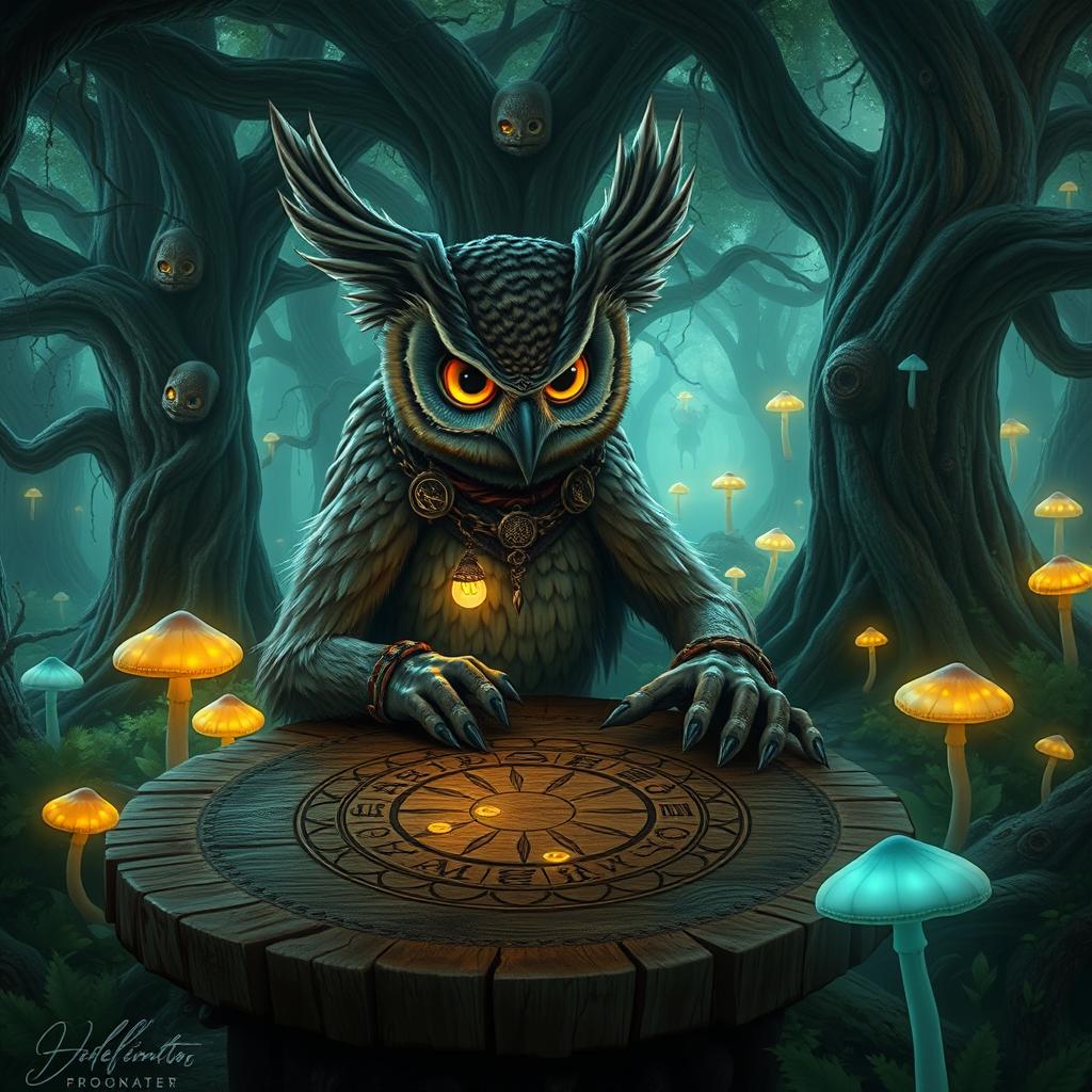 An owlin, a humanoid owl creature, engaged in a game of crokinole, surrounded by a lush and enchanting forest filled with ancient trees and glowing mushrooms